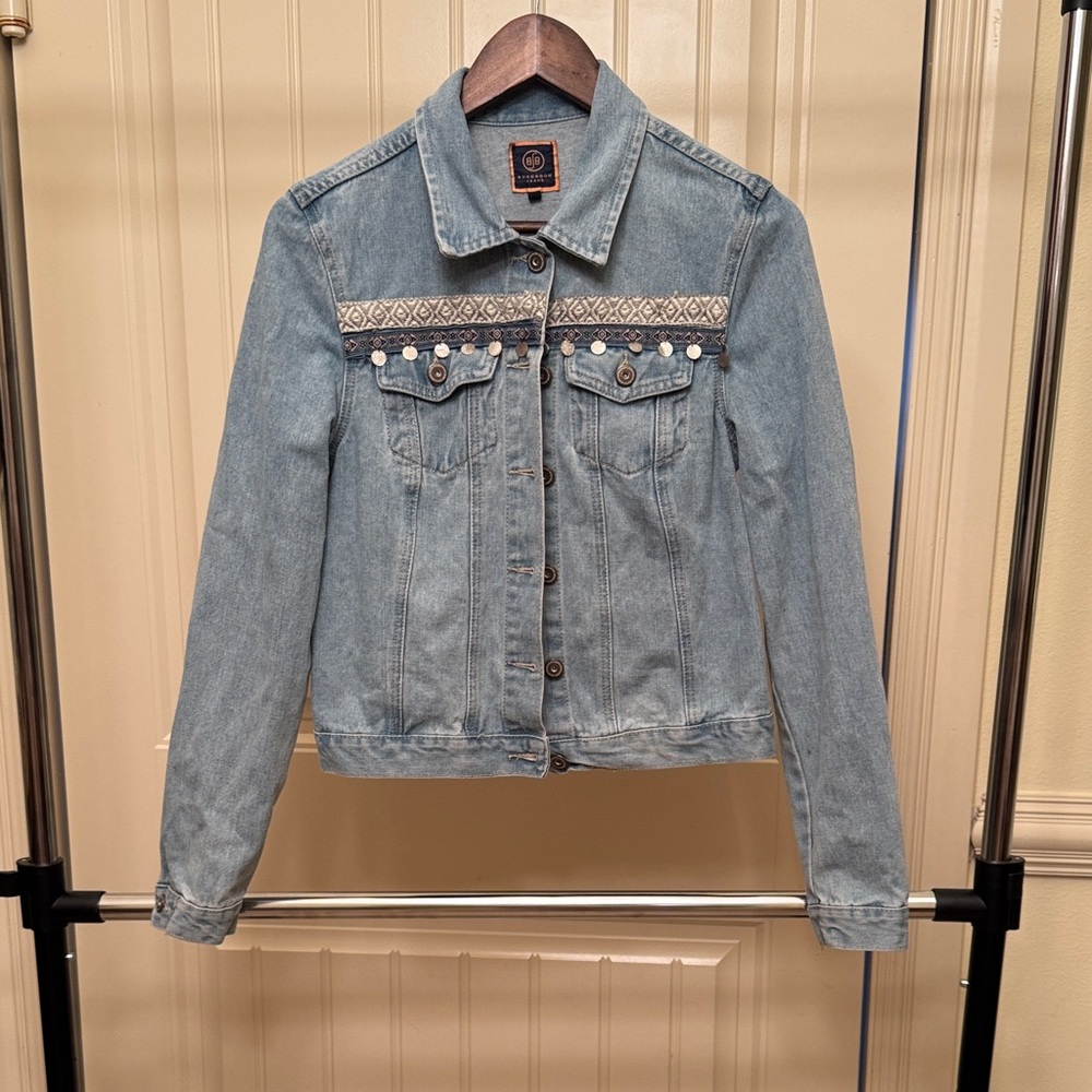 Boom Boom Jeans Light Blue Denim Jacket with Aztec Embellishments-Sz M